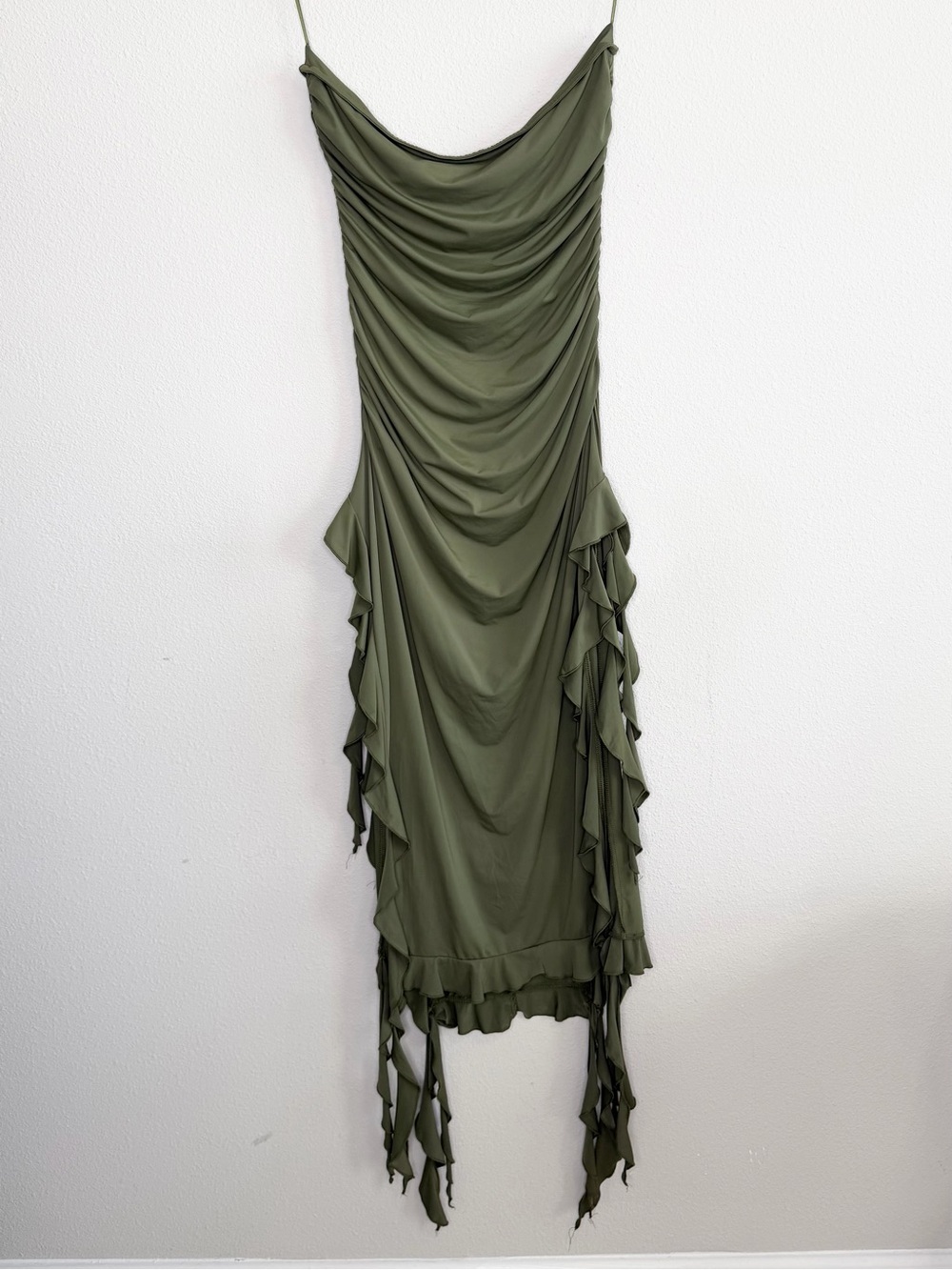Lioness Rendezvous Strapless Olive Green Ruffle Slit Maxi Dress Size Large - Picture 4 of 6